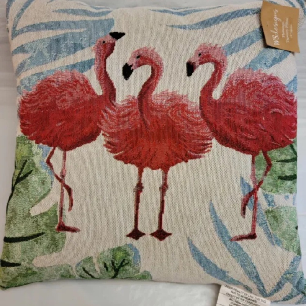 Willow Street Designs Flamingo Tapestry Throw Pillow 16” Square Summer Toss